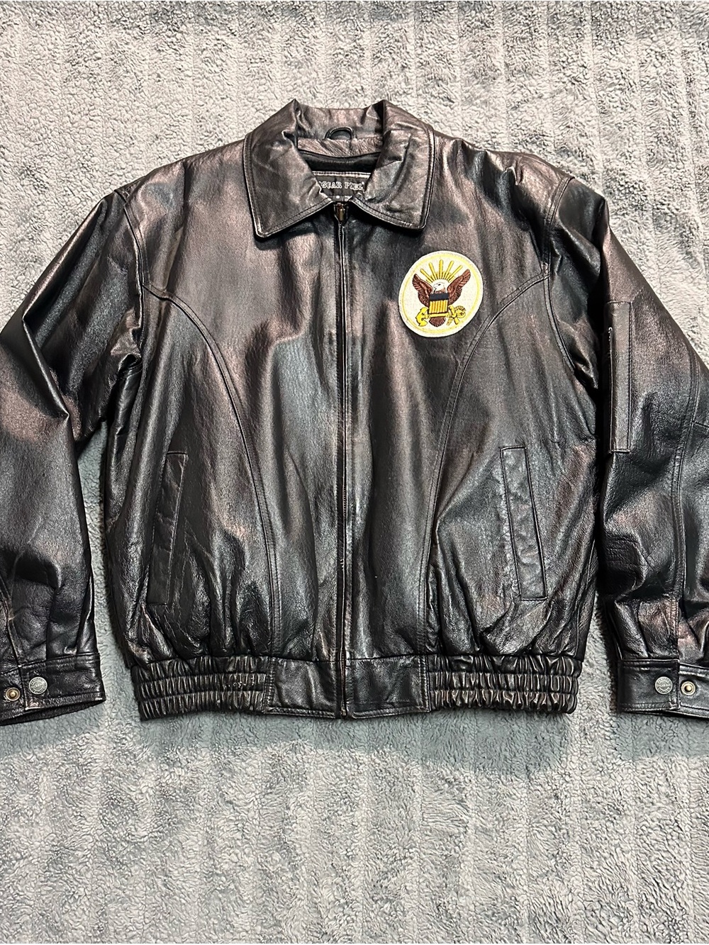 Men's Black Leather Bomber Jacket with Plush Lining